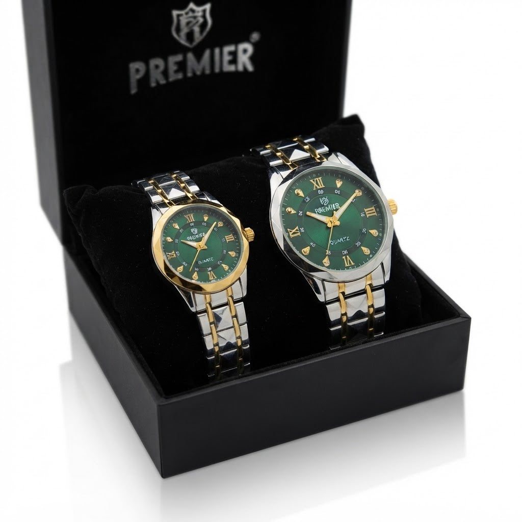Premier Green Dial Couple Watches, His & Her Quartz Pair