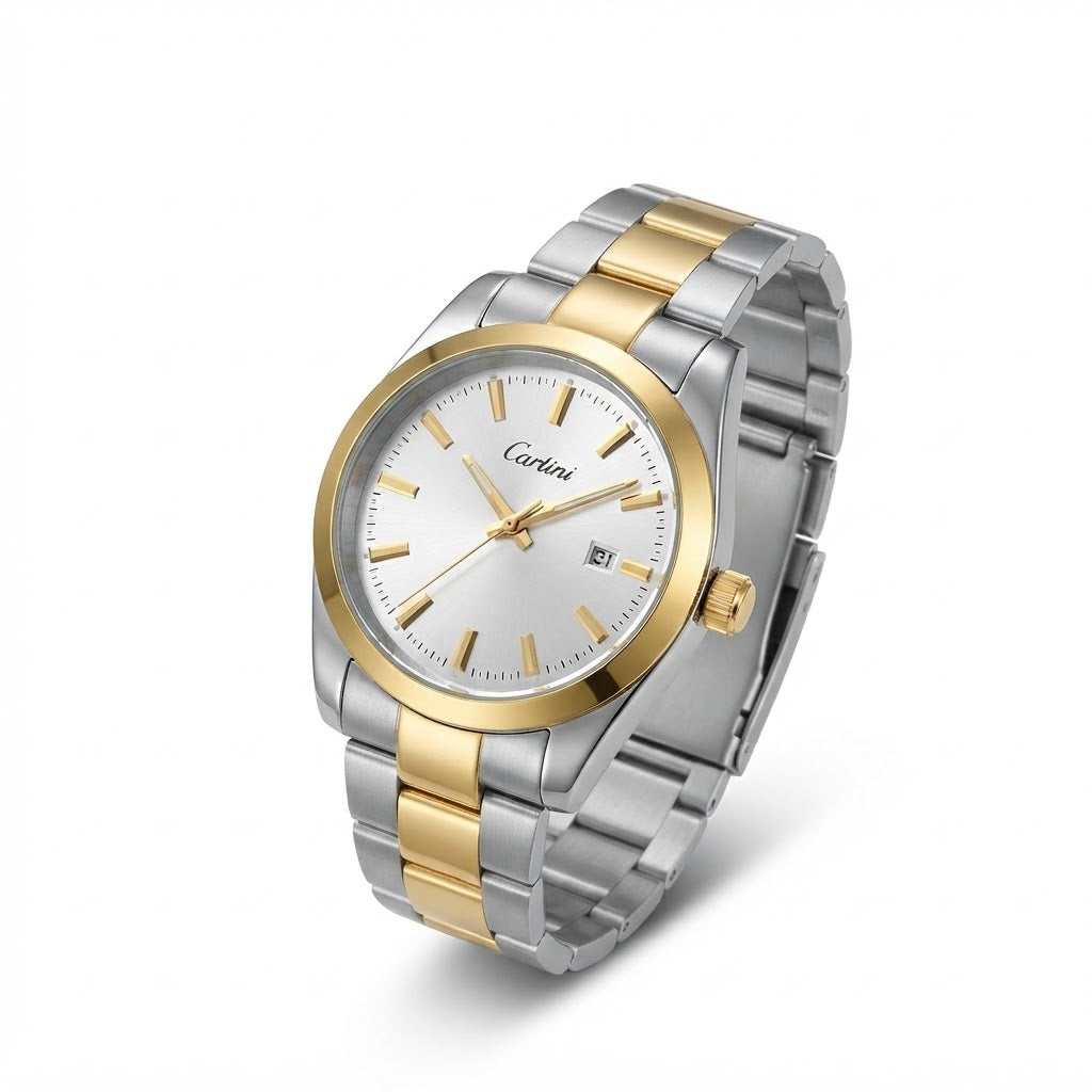 Silver Dial with Smooth Gold Bezel & Date Display