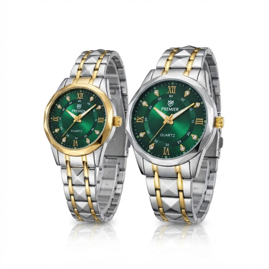 Premier Green Dial Couple Watches, His & Her Quartz Pair