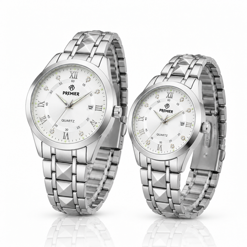 Premier Couple Watch Set – Silver Steel Quartz Watches