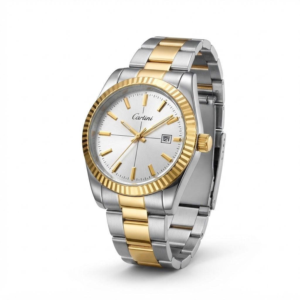 Silver Dial with Smooth Gold Bezel & Date Display