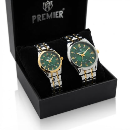 Premier Green Dial Couple Watches, His & Her Quartz Pair