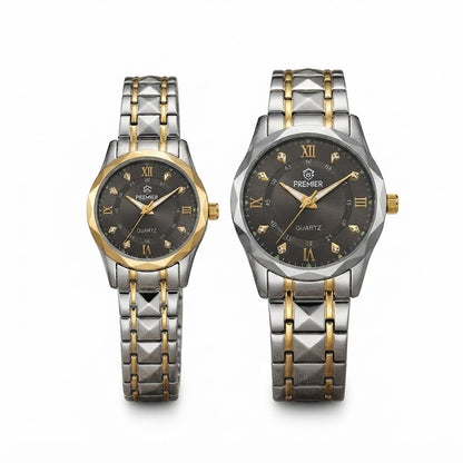 Premier Charcoal Dial Couple Watches, His & Her Quartz Pair