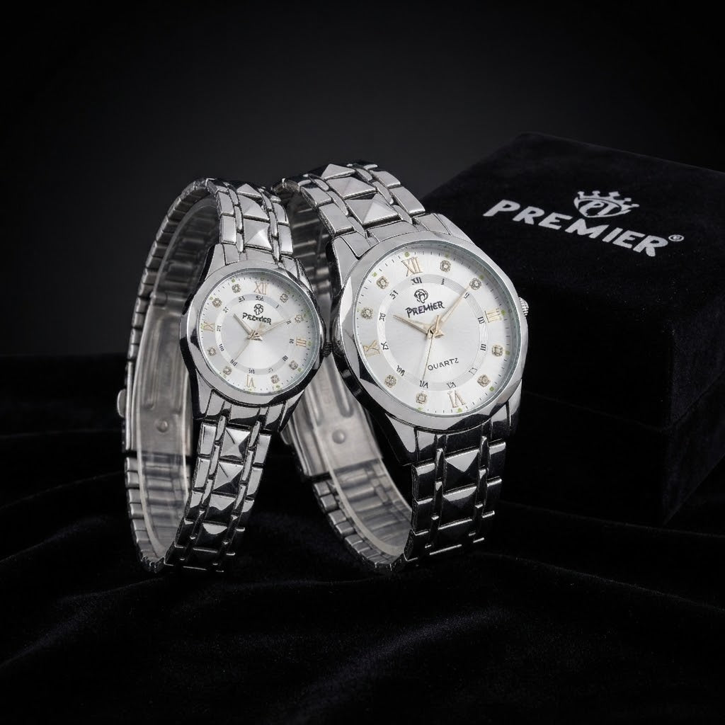 Premier Couple Watch Set – Silver Steel Quartz Watches