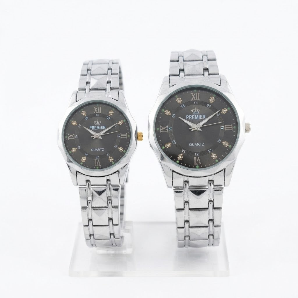 Premier Couple Watch Set – Silver Steel Quartz Watches (His & Hers)