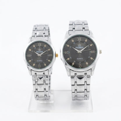 Premier Couple Watch Set – Silver Steel Quartz Watches (His & Hers)