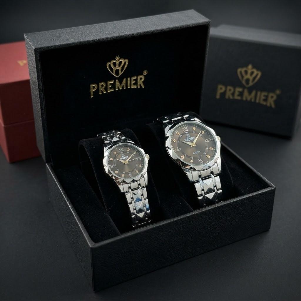 Premier Couple Watch Set – Silver Steel Quartz Watches (His & Hers)