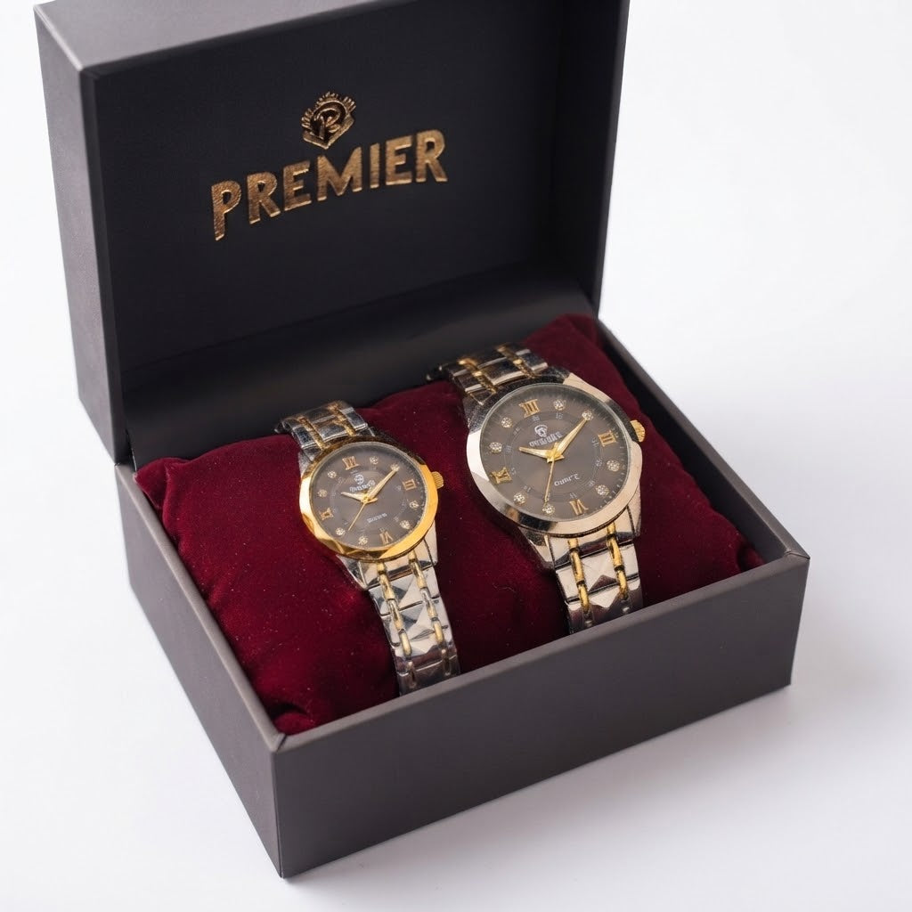 Premier Charcoal Dial Couple Watches, His & Her Quartz Pair