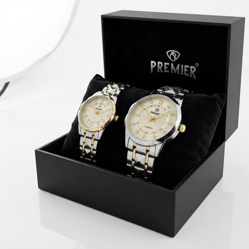 Premier Champagne Dial Couple Watches, His & Her Quartz Pair