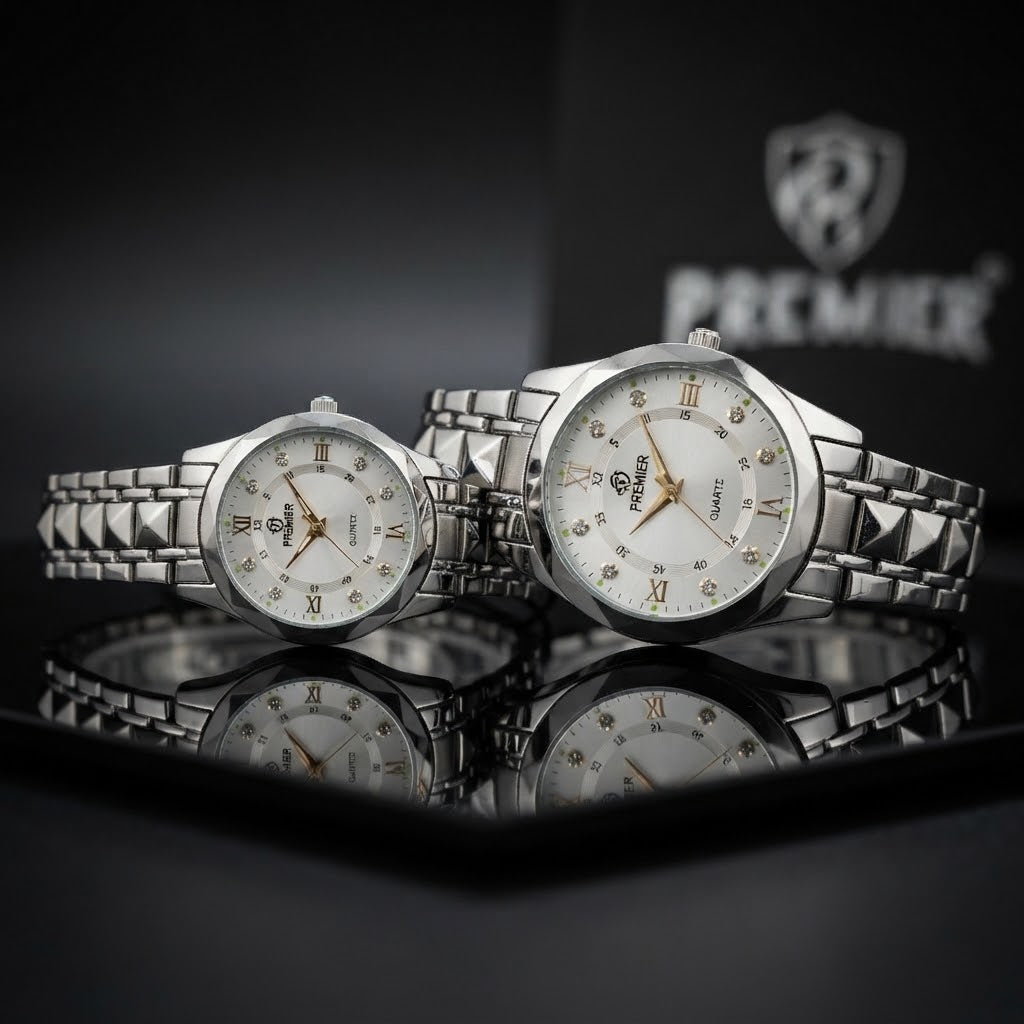 Premier Couple Watch Set – Silver Steel Quartz Watches