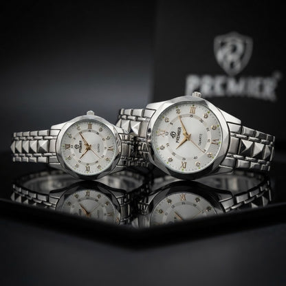 Premier Couple Watch Set – Silver Steel Quartz Watches