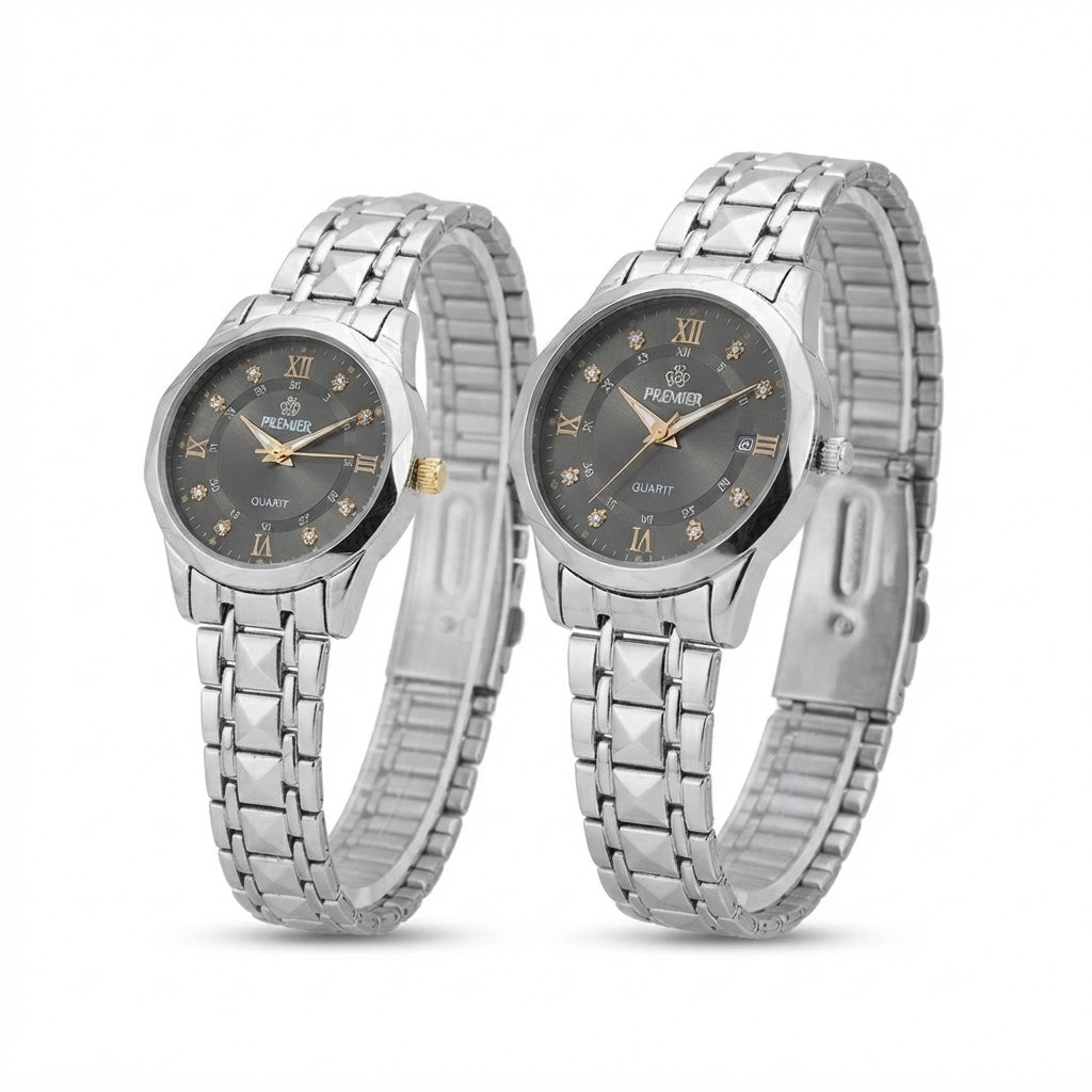 Premier Couple Watch Set – Silver Steel Quartz Watches (His & Hers)