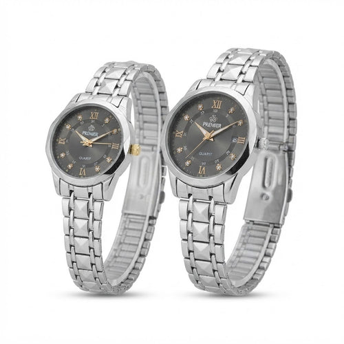 Premier Couple Watch Set – Silver Steel Quartz Watches (His & Hers)