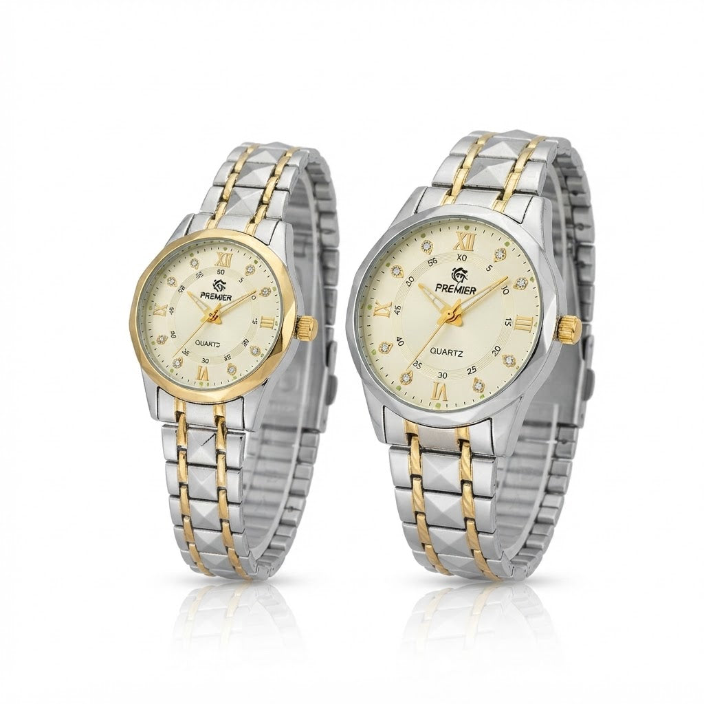 Premier Champagne Dial Couple Watches, His & Her Quartz Pair