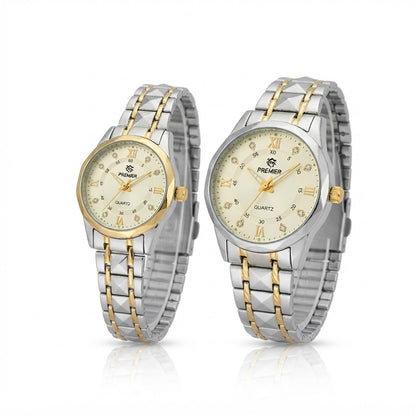 Premier Champagne Dial Couple Watches, His & Her Quartz Pair